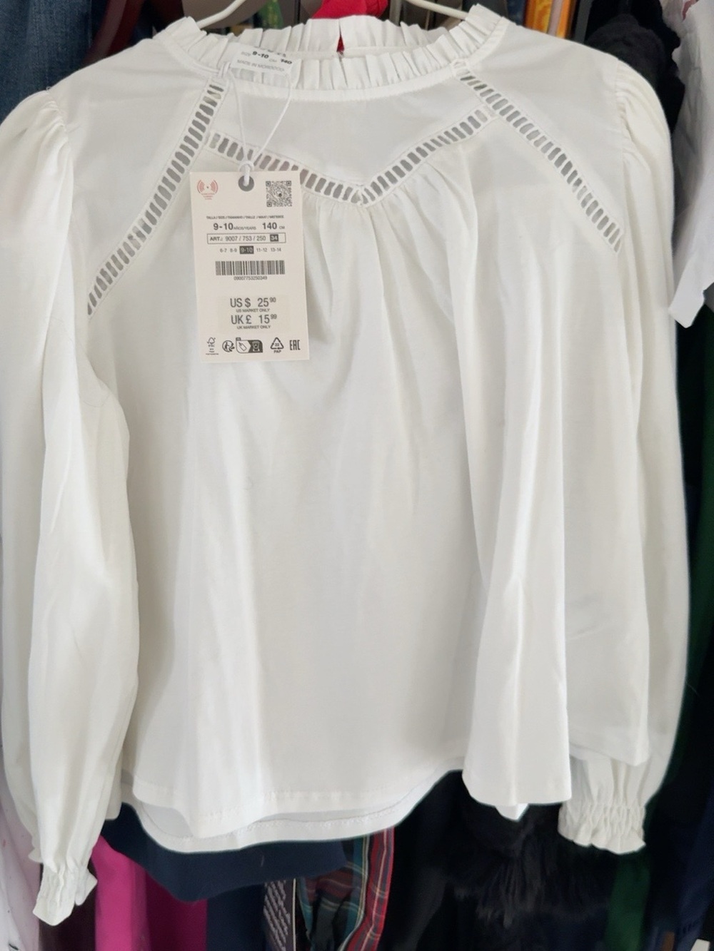 NWT Zara Girls White Ruffle Blouse Eyelet Detail 9-10